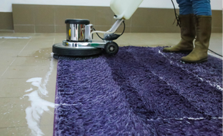 This is a photo of a purple rug which is being professionally steam cleaned.