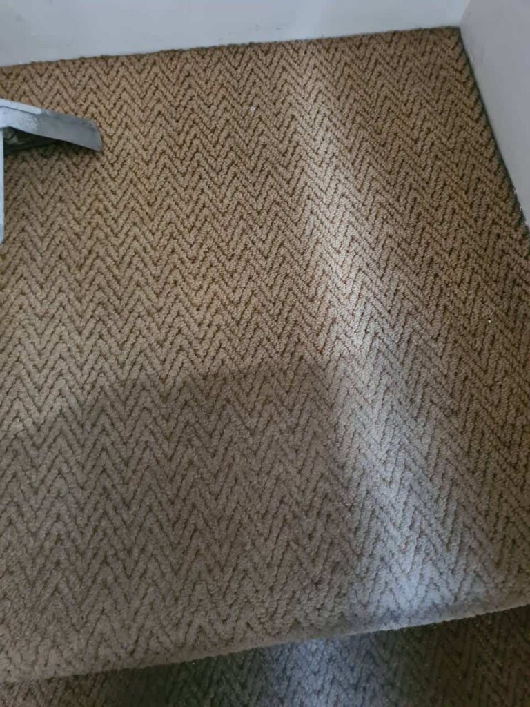 This is a photo of a brown staircase carpet that is being steam cleaned by K&S Carpet Cleaning